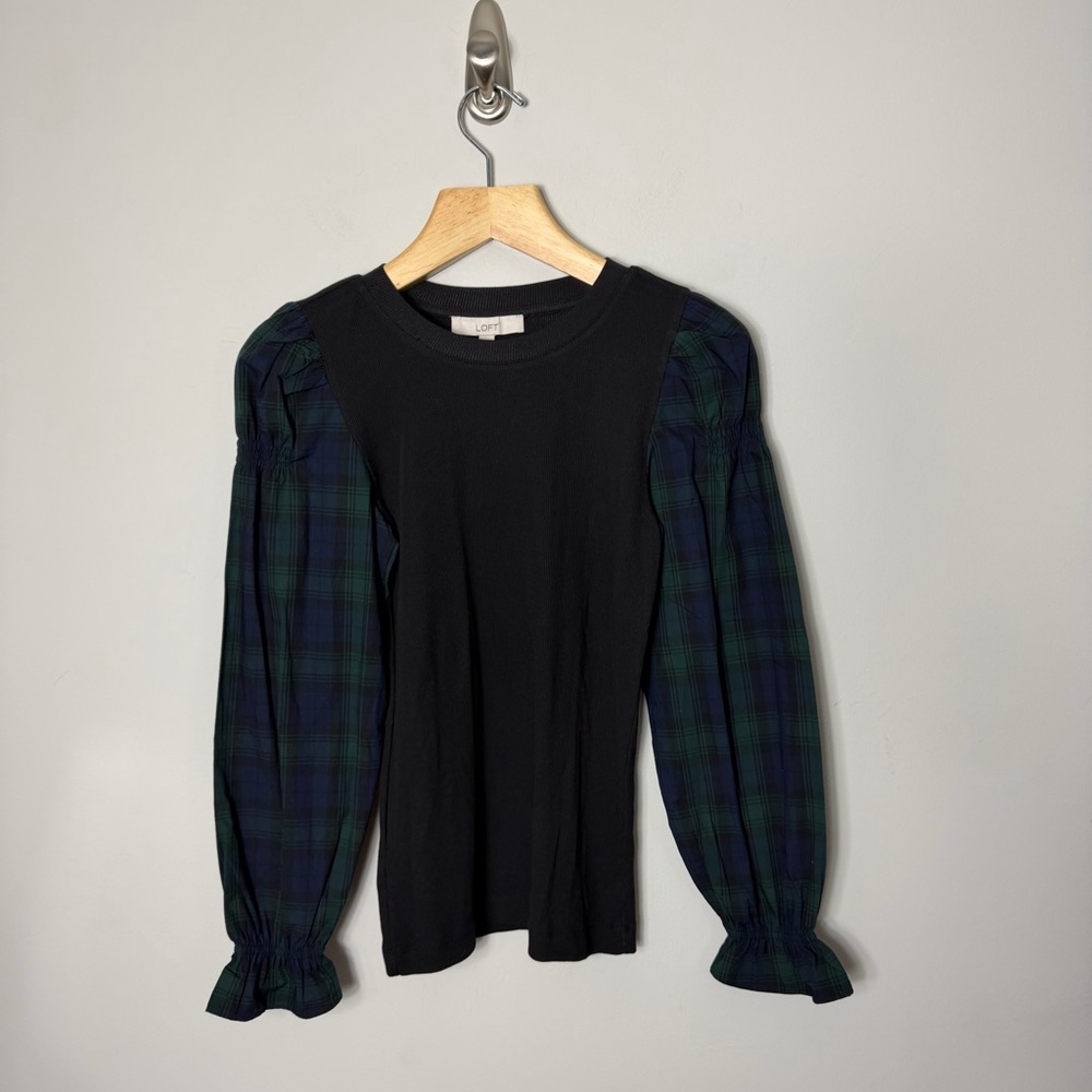 NEW LOFT Mixed Media Plaid Puff Sleeve Shirt Top Ribbed Bodice XS 621 - Picture 2 of 9